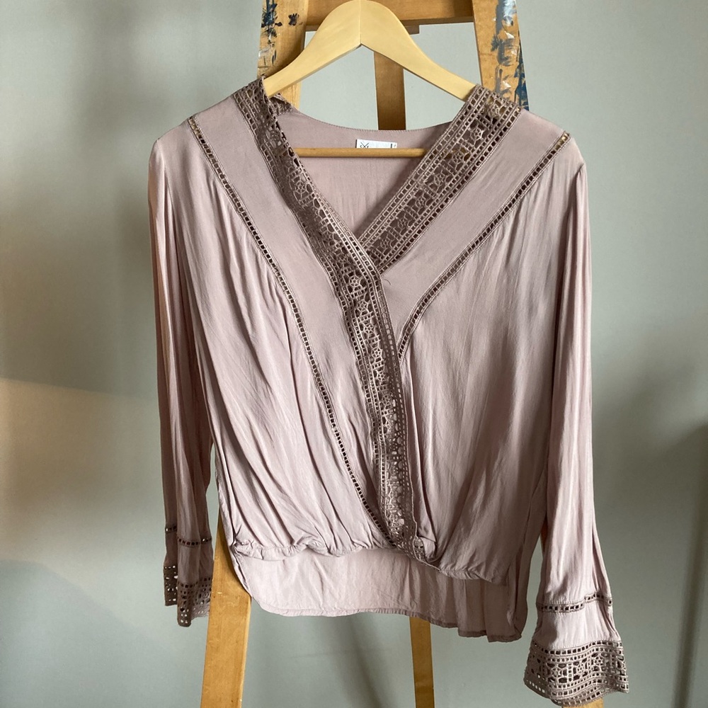 Mauve Blouse with Lace Accents